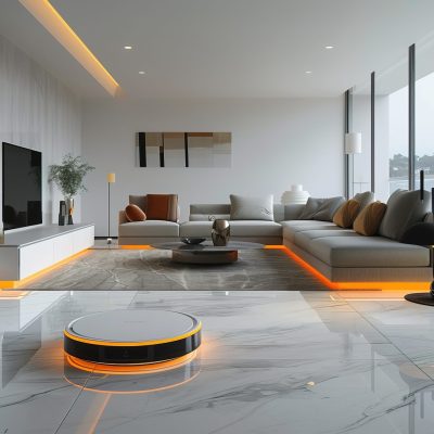 orange color. Clean imagen. A realistic, advertising photograph set in a sophisticated, elegant, and clean modern living room, predominantly white, where an autonomous, circular, flat, and very modern vacuum cleaner is in operation. The vacuum cleaner features neon accents. The room is immaculate. A technologically advanced vacuum --ar 3:2 --style raw --stylize 500 --v 6 Job ID: af7a5126-deb4-4cc0-8693-cbd2919edf00
